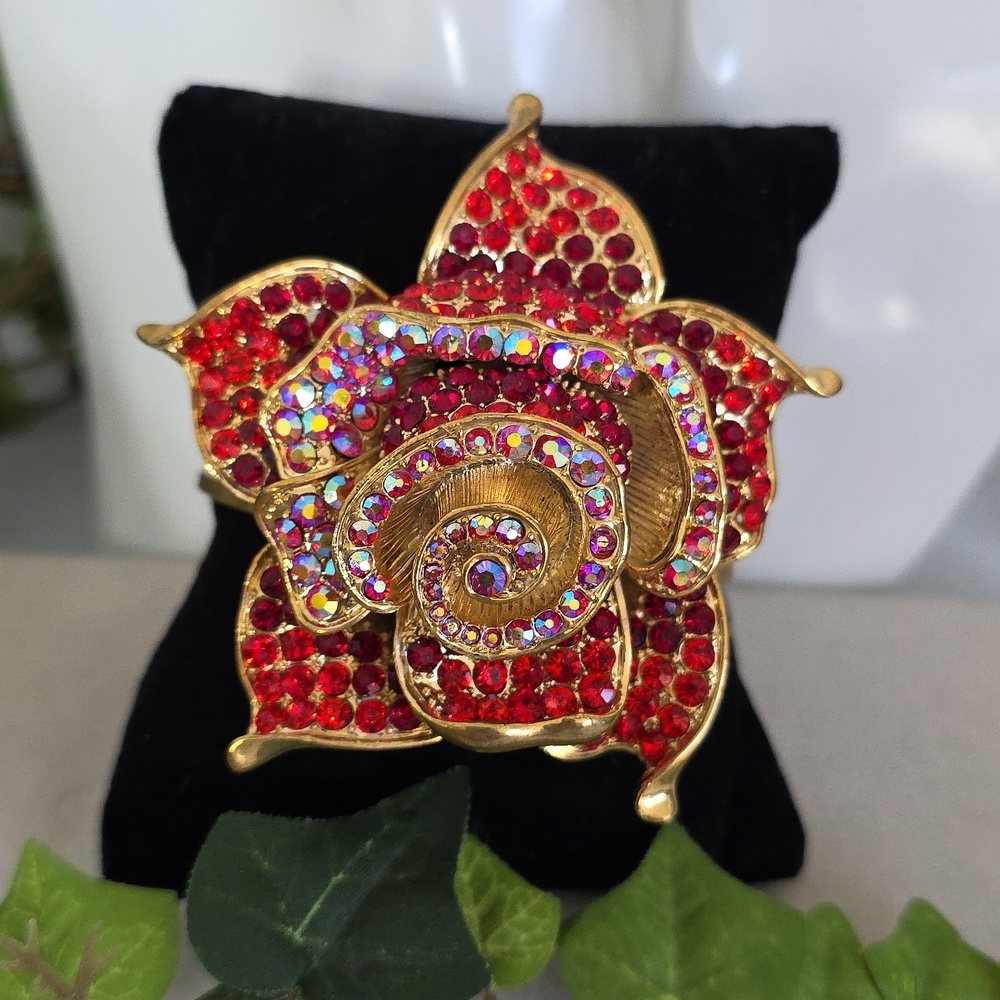 Statement Gold and Red AB Crystal Rose Flower Clamper Hinge Bracelet